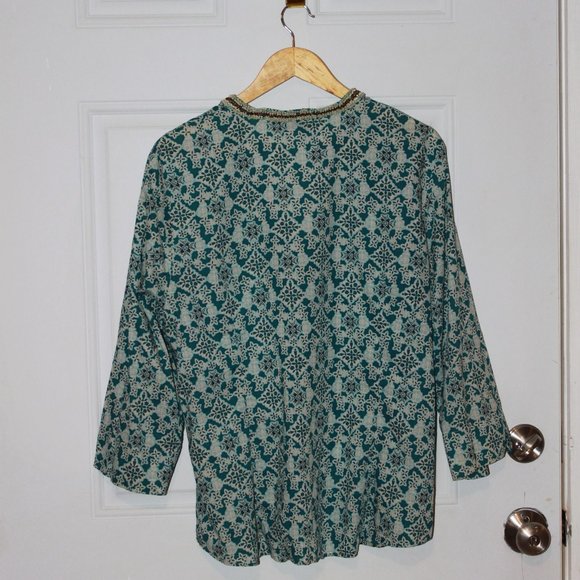 SALE: Vintage Talbots Beaded Collar Button-up 3/4 Sleeve, XL Turquoise/Lt. Blue - Picture 9 of 11